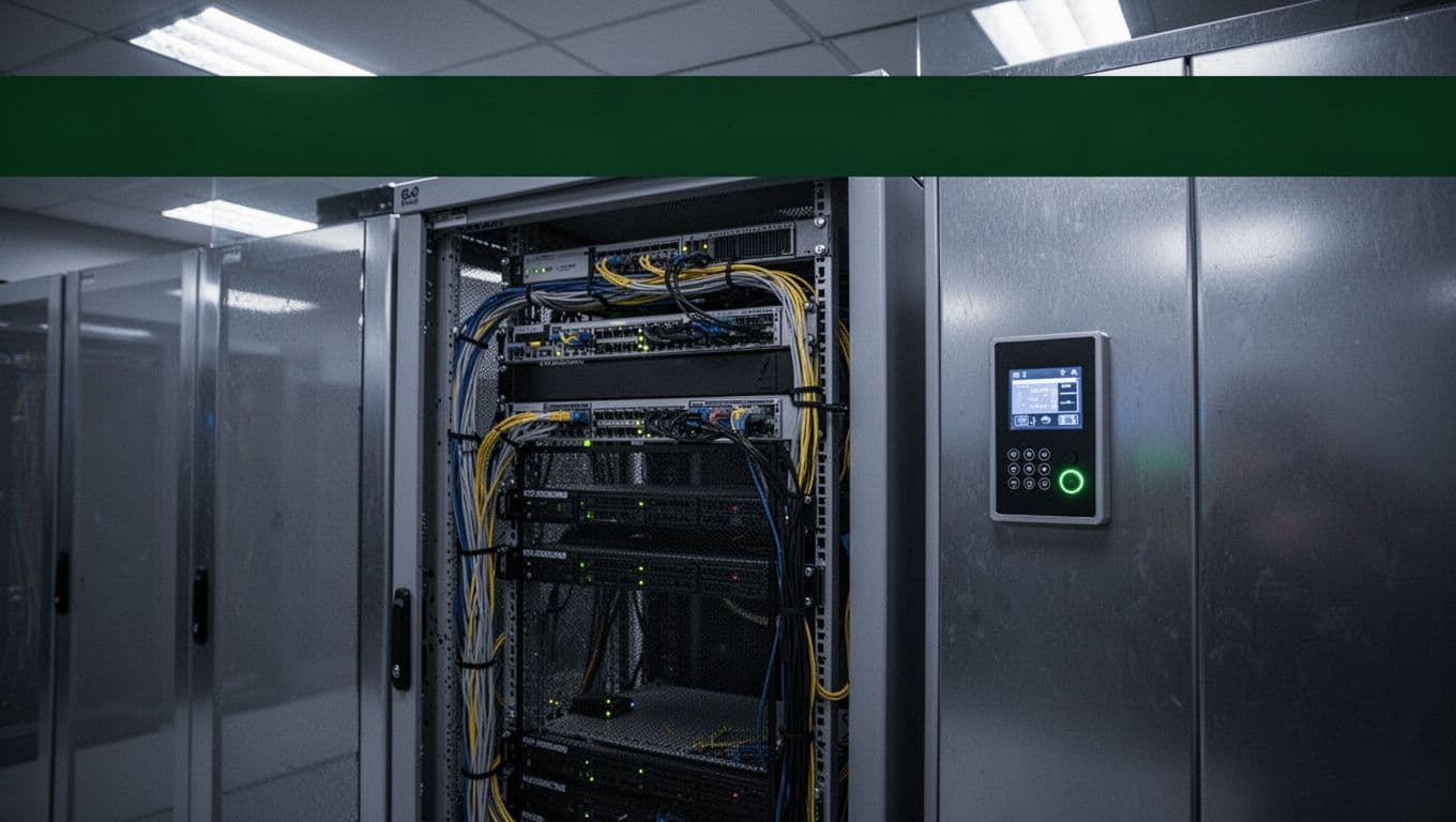 Server rack and access panel beneath a green Data Security headline.