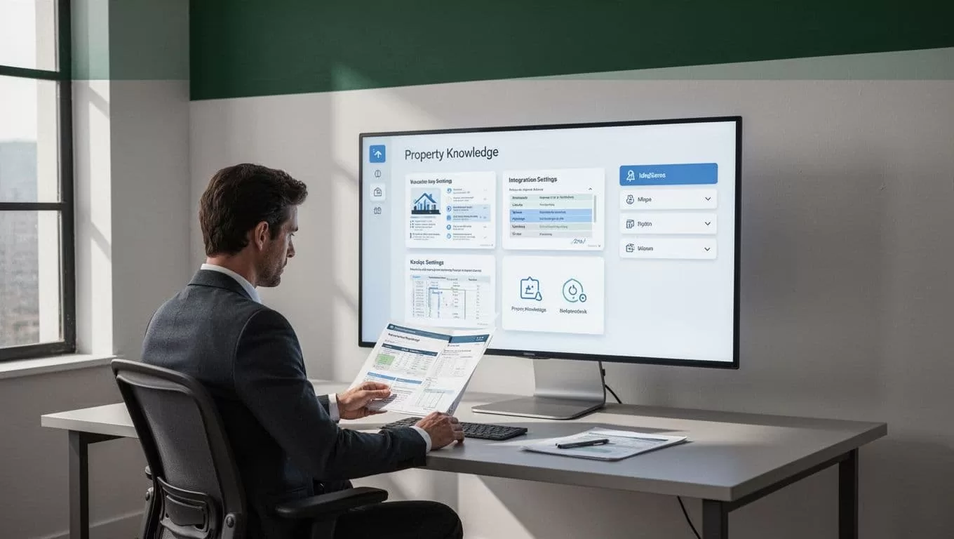 Person viewing property guides and integration settings beneath a Knowledge Base heading.
