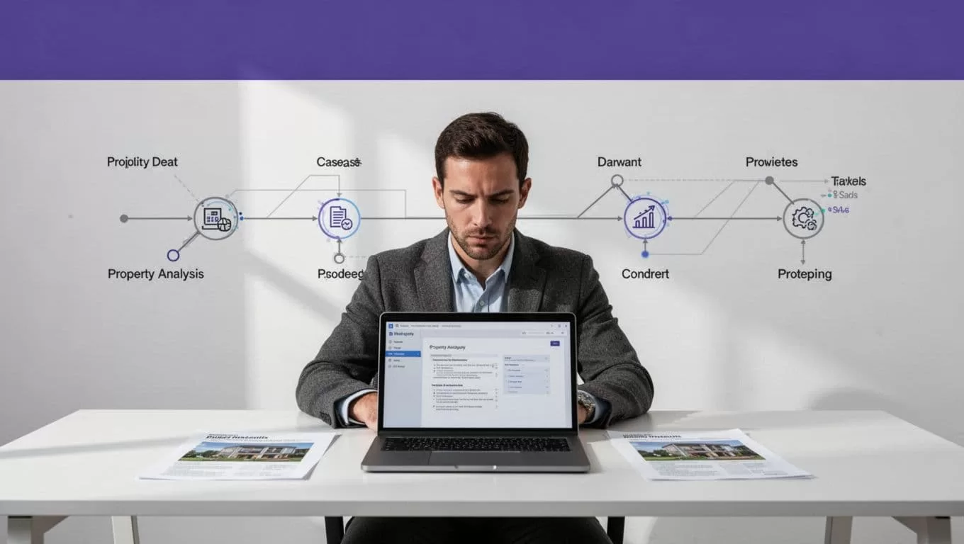 An analyst views a property workflow on a laptop with data cards and a report panel behind it.