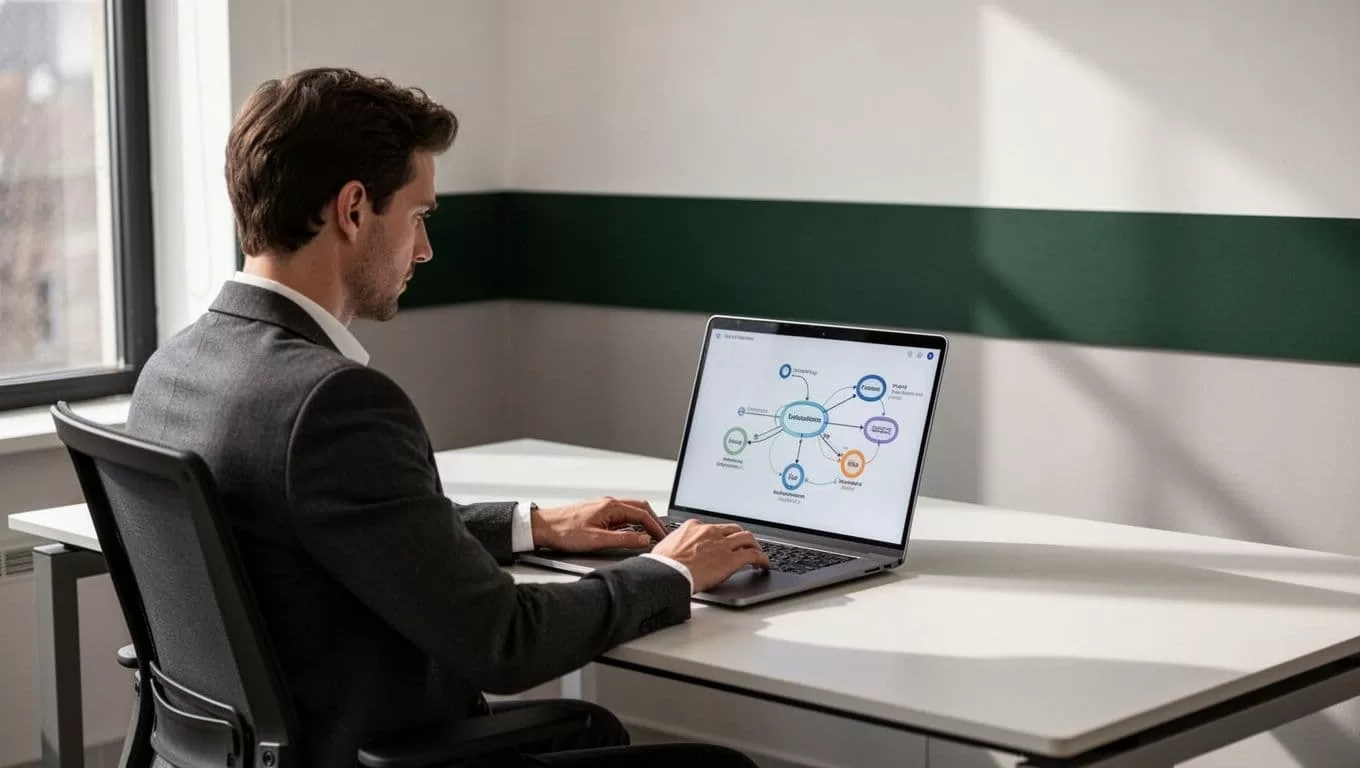 A person works beside a laptop showing connected workflow nodes.