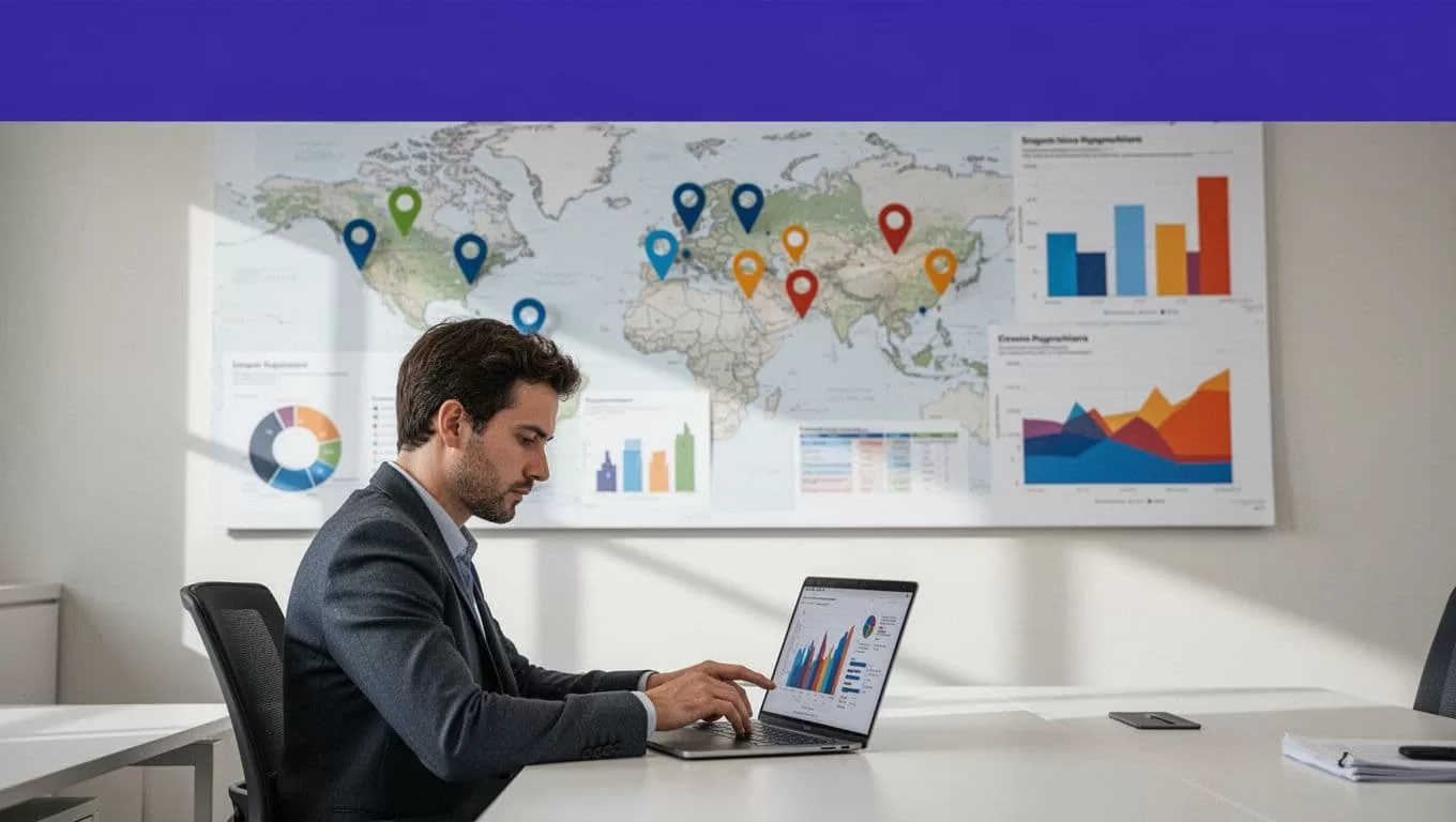 An analyst reviews a laptop beside map pins and performance charts.