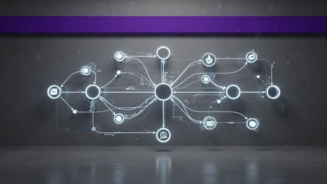 Indigo banner above a connected workflow node map.
