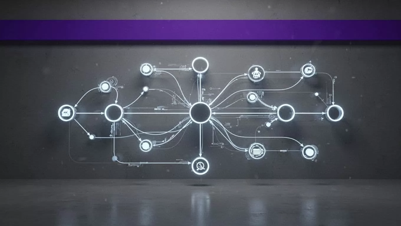 Indigo banner above a connected workflow node map.
