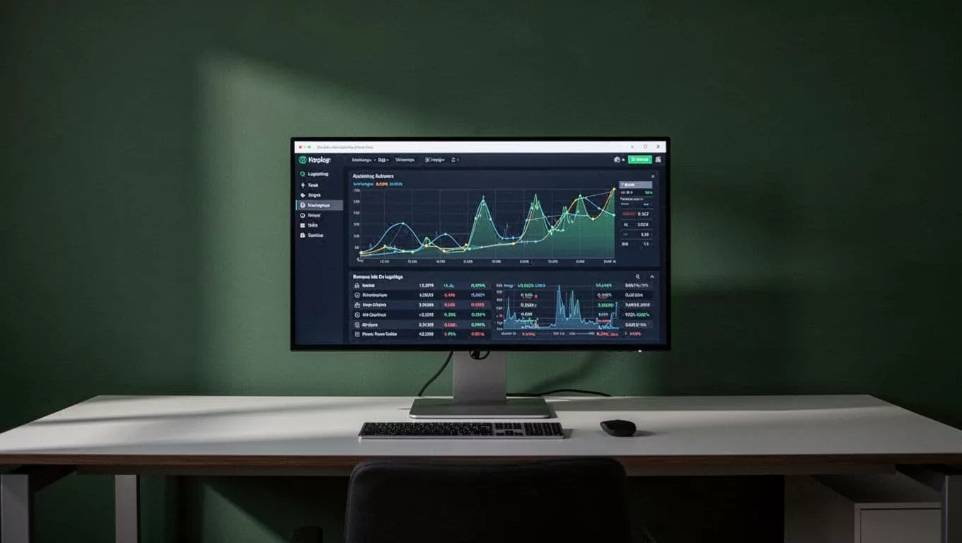 A monitor showing logistics data beneath a dark-green Rate Analytics header.