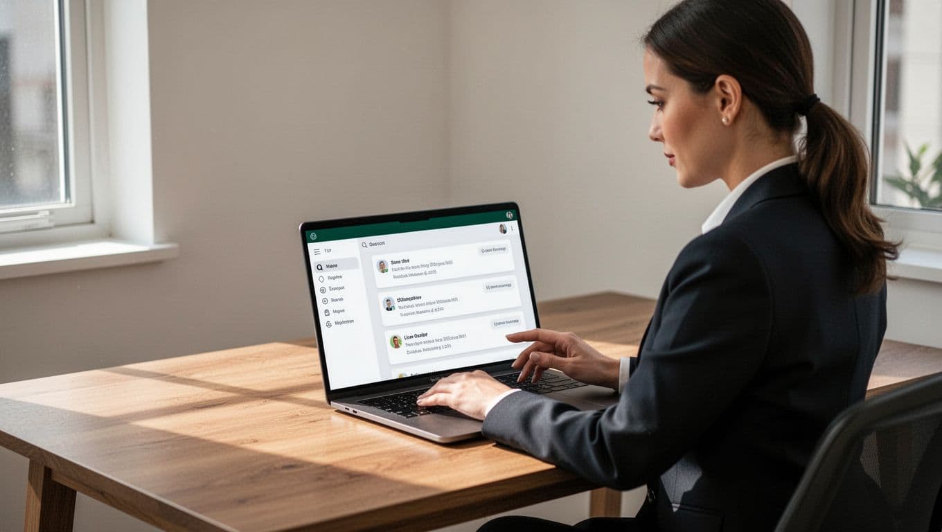 A real estate agent checks laptop notifications at a wooden desk beneath an ALERTS banner.