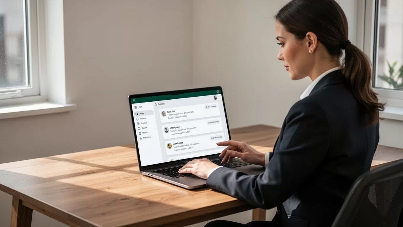 A real estate agent checks laptop notifications at a wooden desk beneath an ALERTS banner.