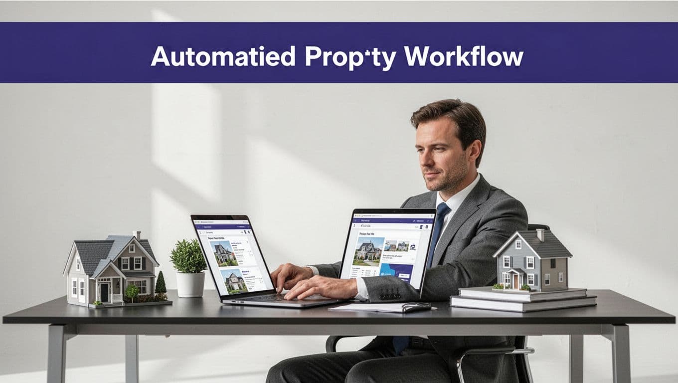 A real estate operator reviews a laptop workflow at a modern office desk.