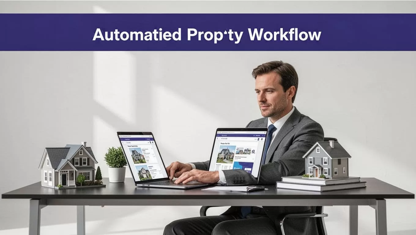 A real estate operator reviews a laptop workflow at a modern office desk.