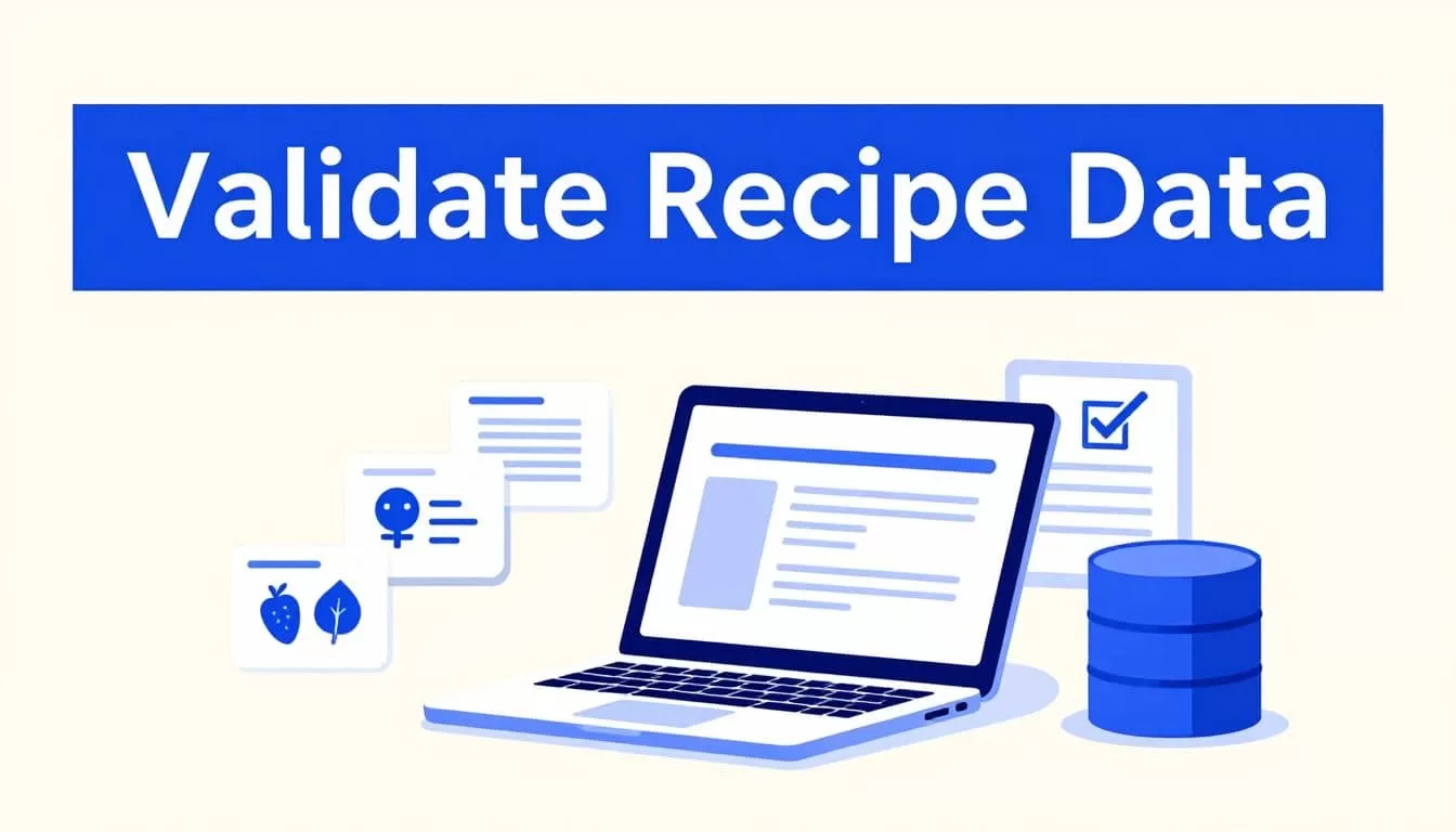 An angled laptop beside recipe cards, a checklist, and a database icon.