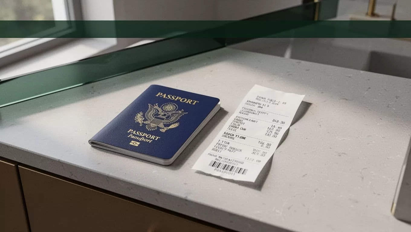 A passport and receipt sit on a secure counter beneath a green Recipient ID banner.