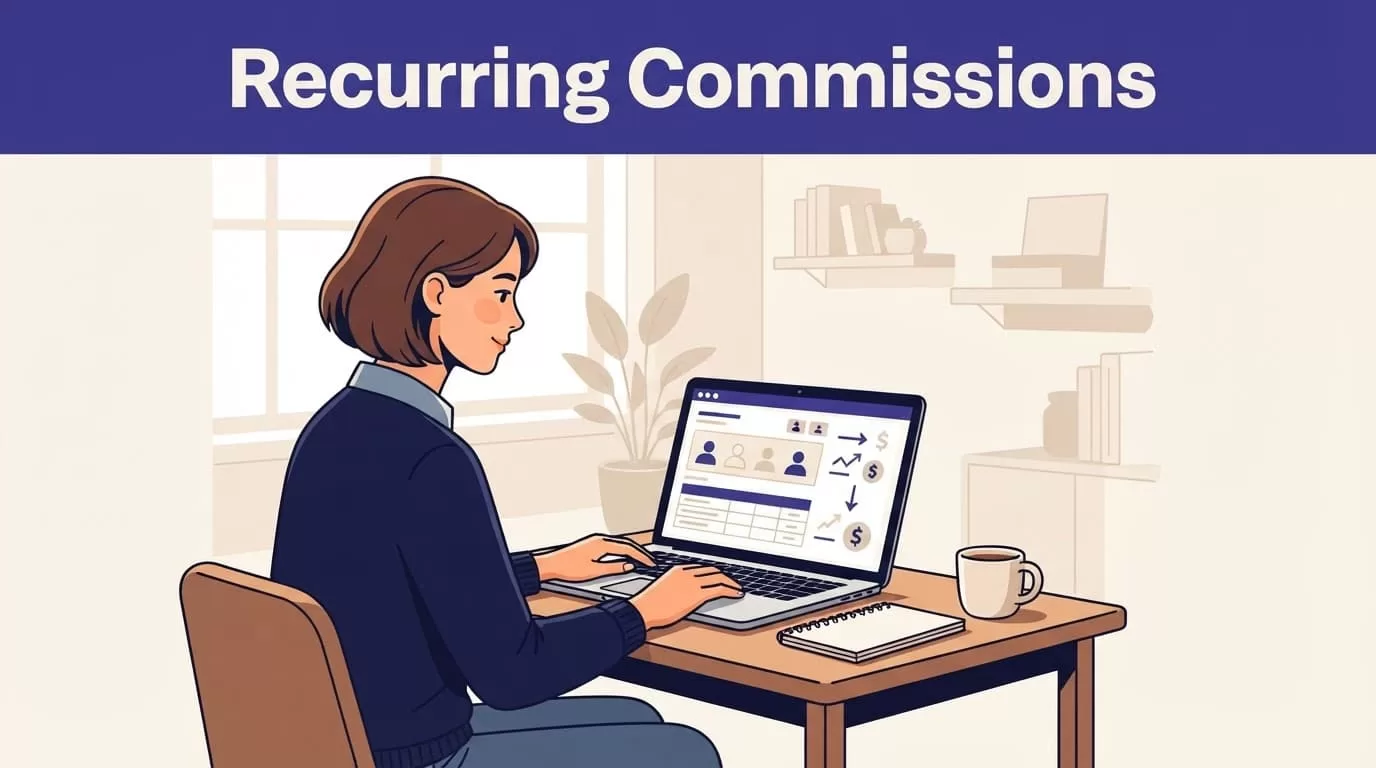 A manager reviews affiliate commission records on a laptop beside a notebook and coffee.