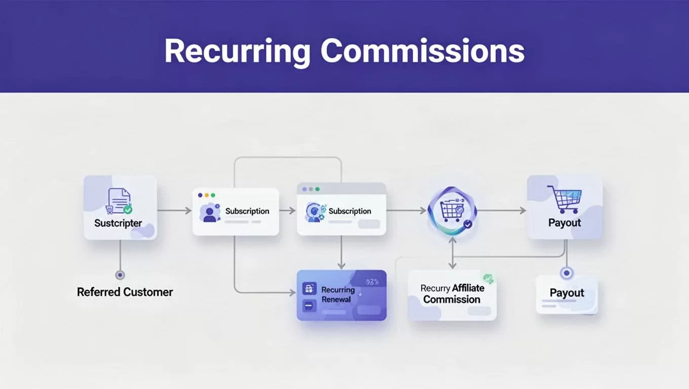 A workflow links a referred customer to renewal, commission, and payout nodes.