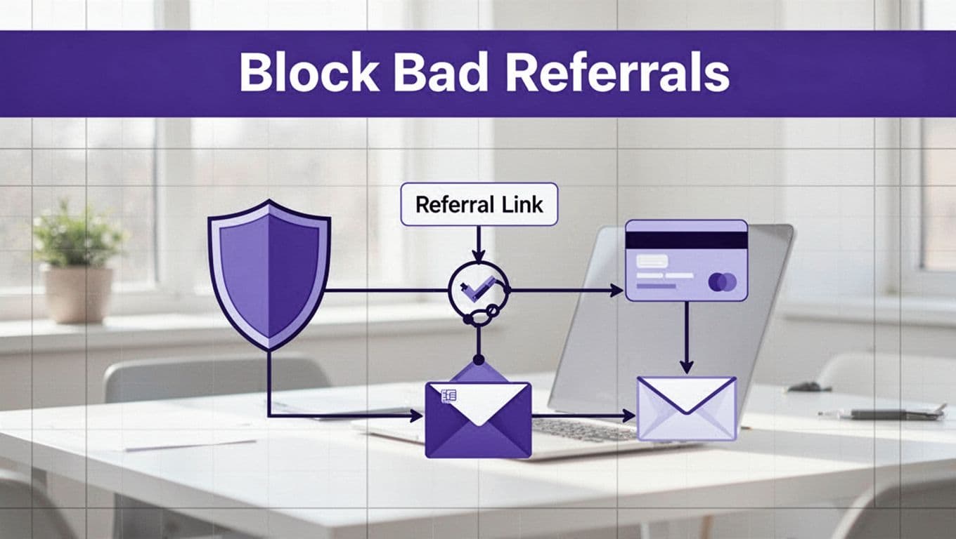 Shield and referral symbols form a decision workflow beneath an indigo headline band.