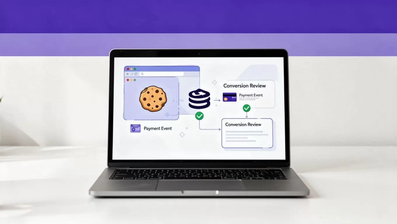 A laptop shows a test purchase flow with cookie, payment, and conversion checkpoints.