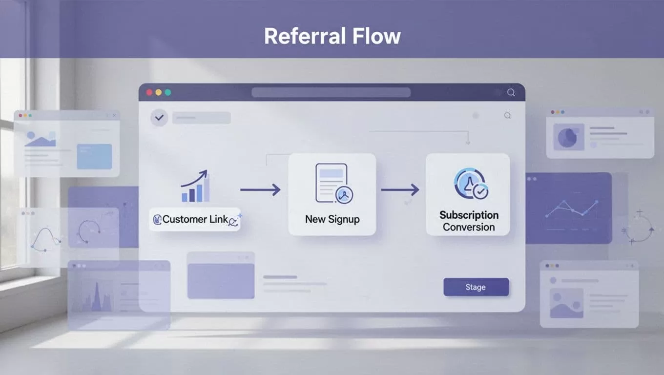 Dashboard showing a referral flow from customer to signup to subscription.