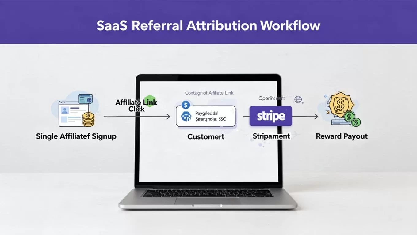 A SaaS diagram showing a referral click leading to signup, payment, and reward payout.