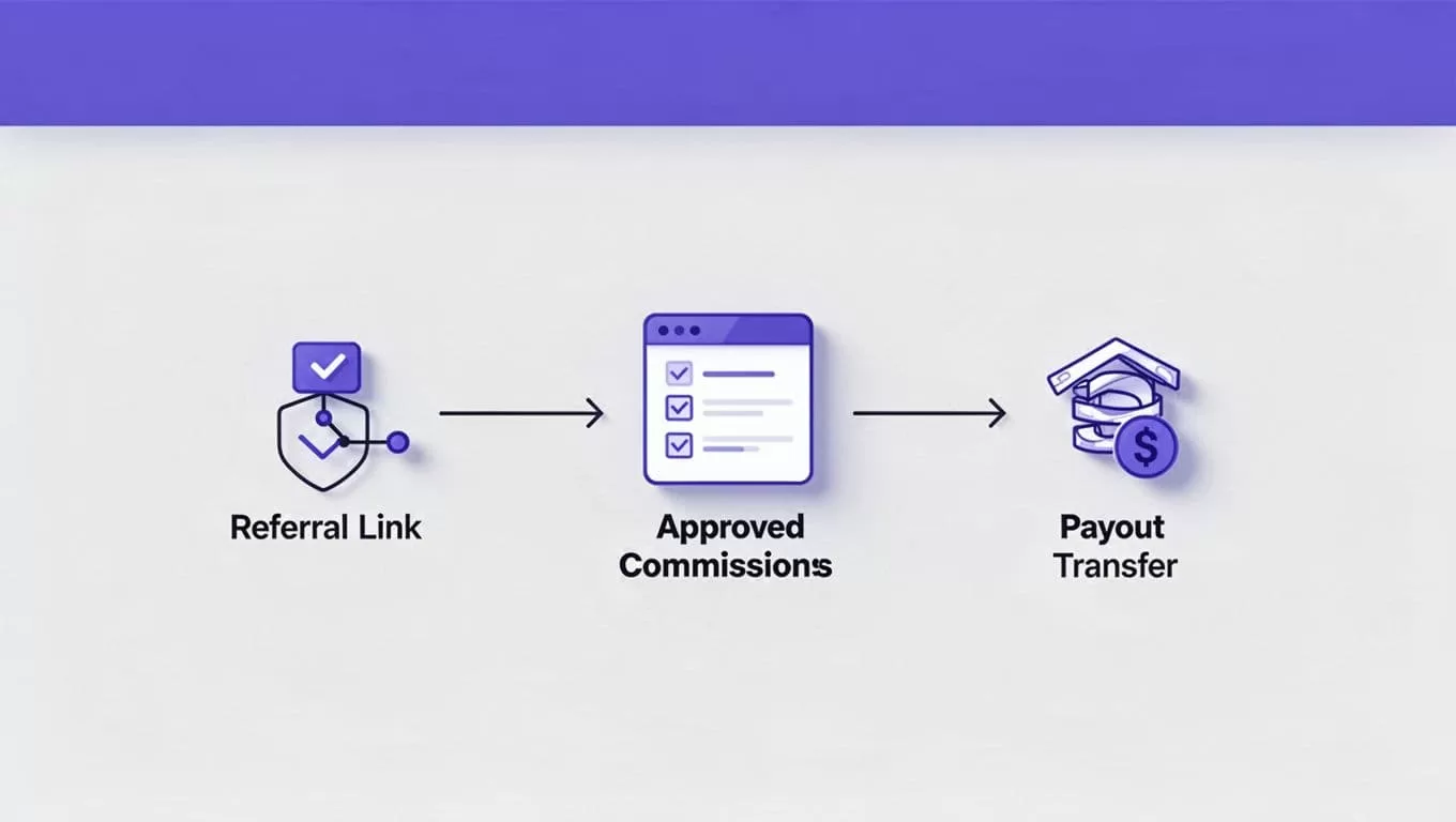 A workflow connects referral tracking, commission approval, and an automated payout.