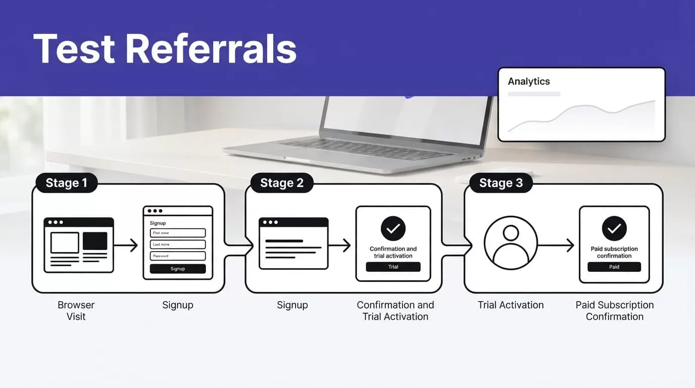 Three connected stages show a visit becoming a signup and paid subscription.