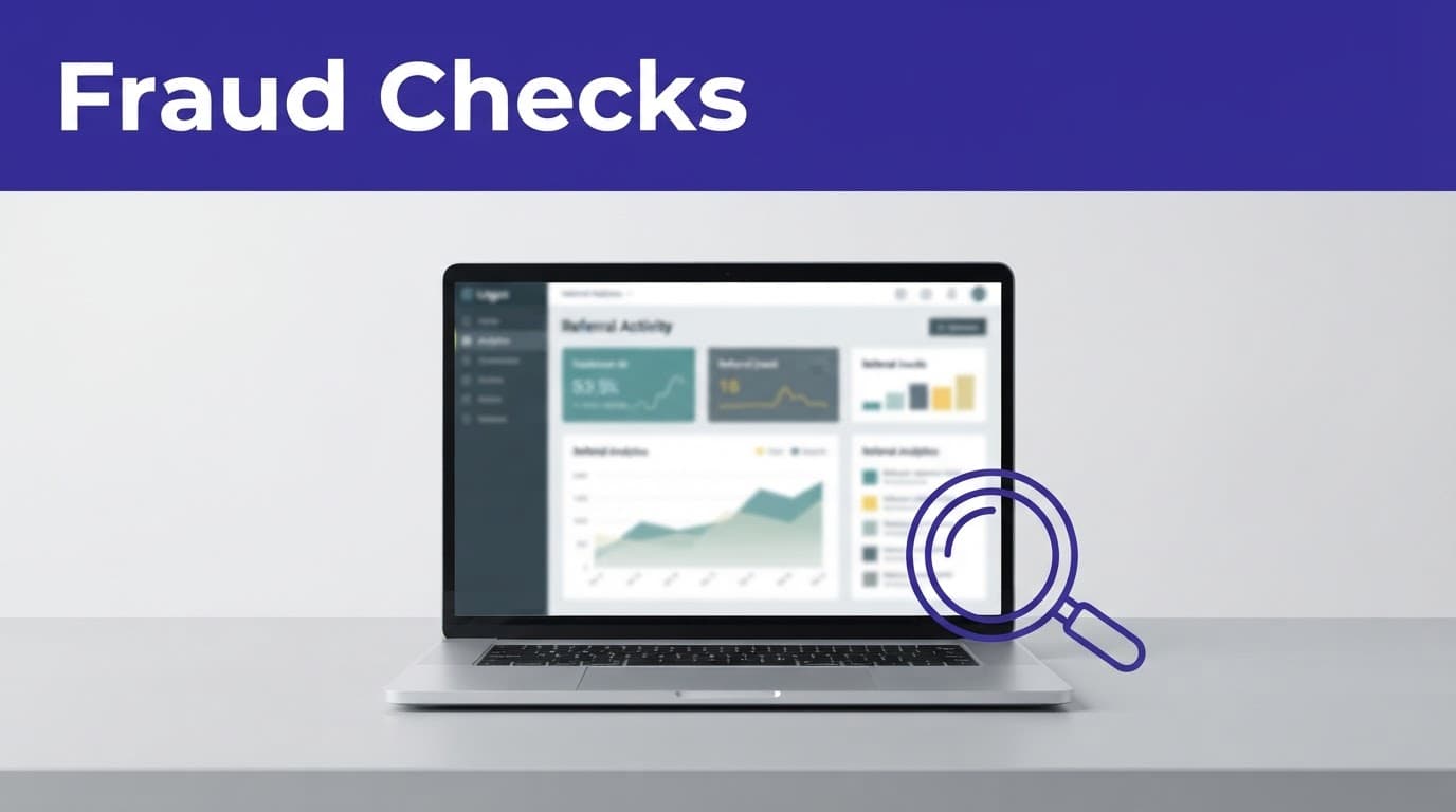 Laptop with blurred analytics and a magnifying glass beneath an indigo Fraud Checks header.