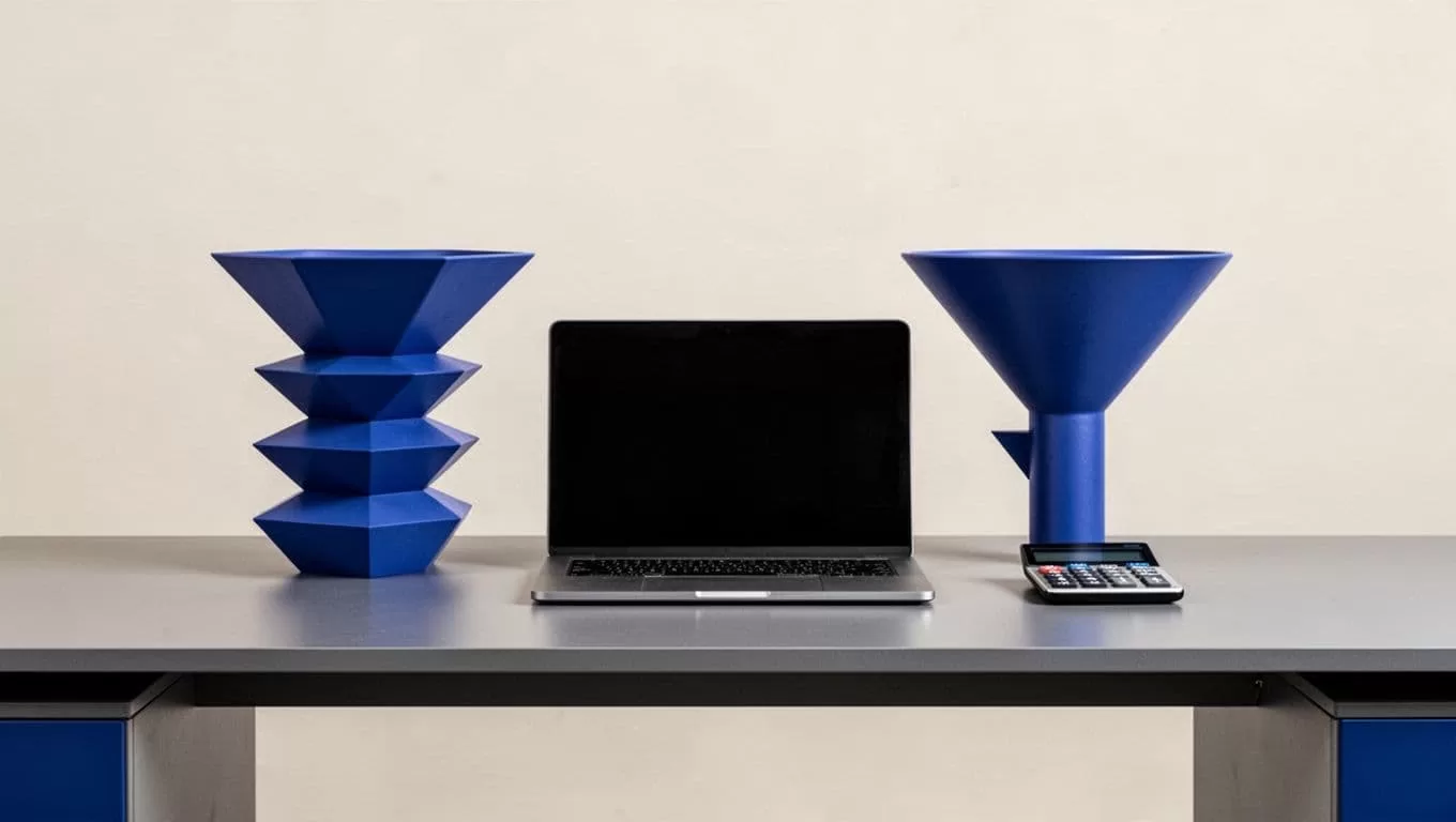 Laptop, calculator, and three-stage indigo funnel on a modern desk.