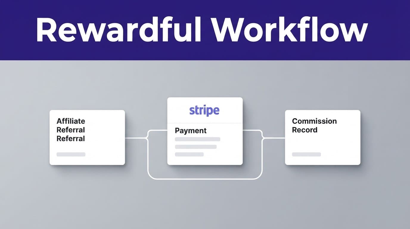 Three cards show a referral path connected to a payment event and commission record.