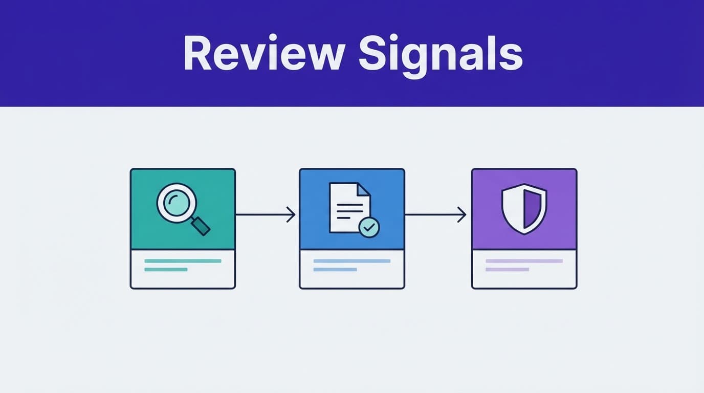 Three connected cards and a shield illustrate a referral review workflow.