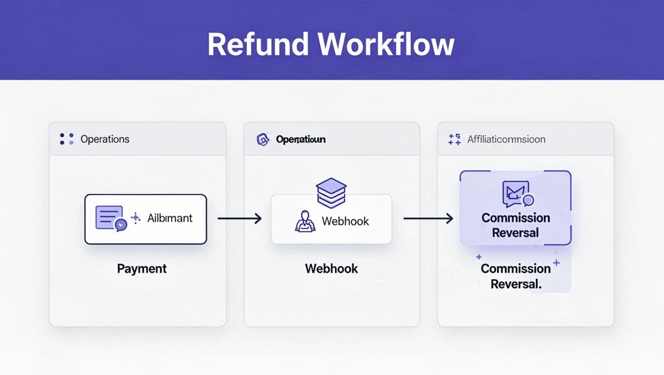 Workflow showing a payment refund triggering an affiliate commission reversal.