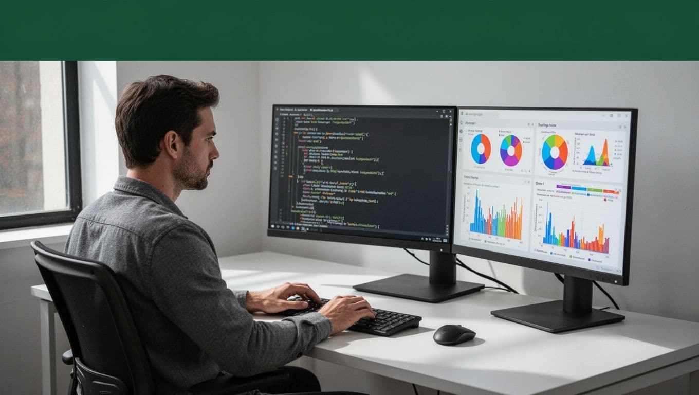 A developer viewing code and test charts beneath a green Regression Suite banner.