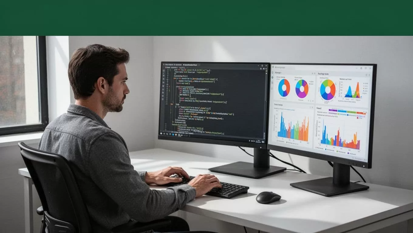 A developer viewing code and test charts beneath a green Regression Suite banner.