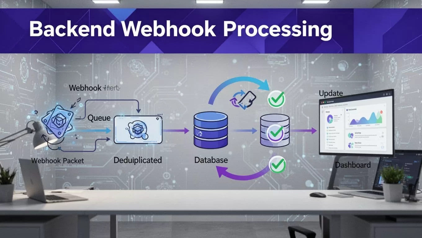 Webhook cards move through a queue, database, and dashboard with a visible retry loop.