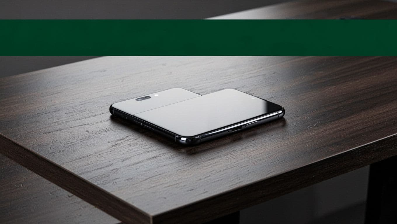 A smartphone on a dark desk beneath a green Download Remitly banner.
