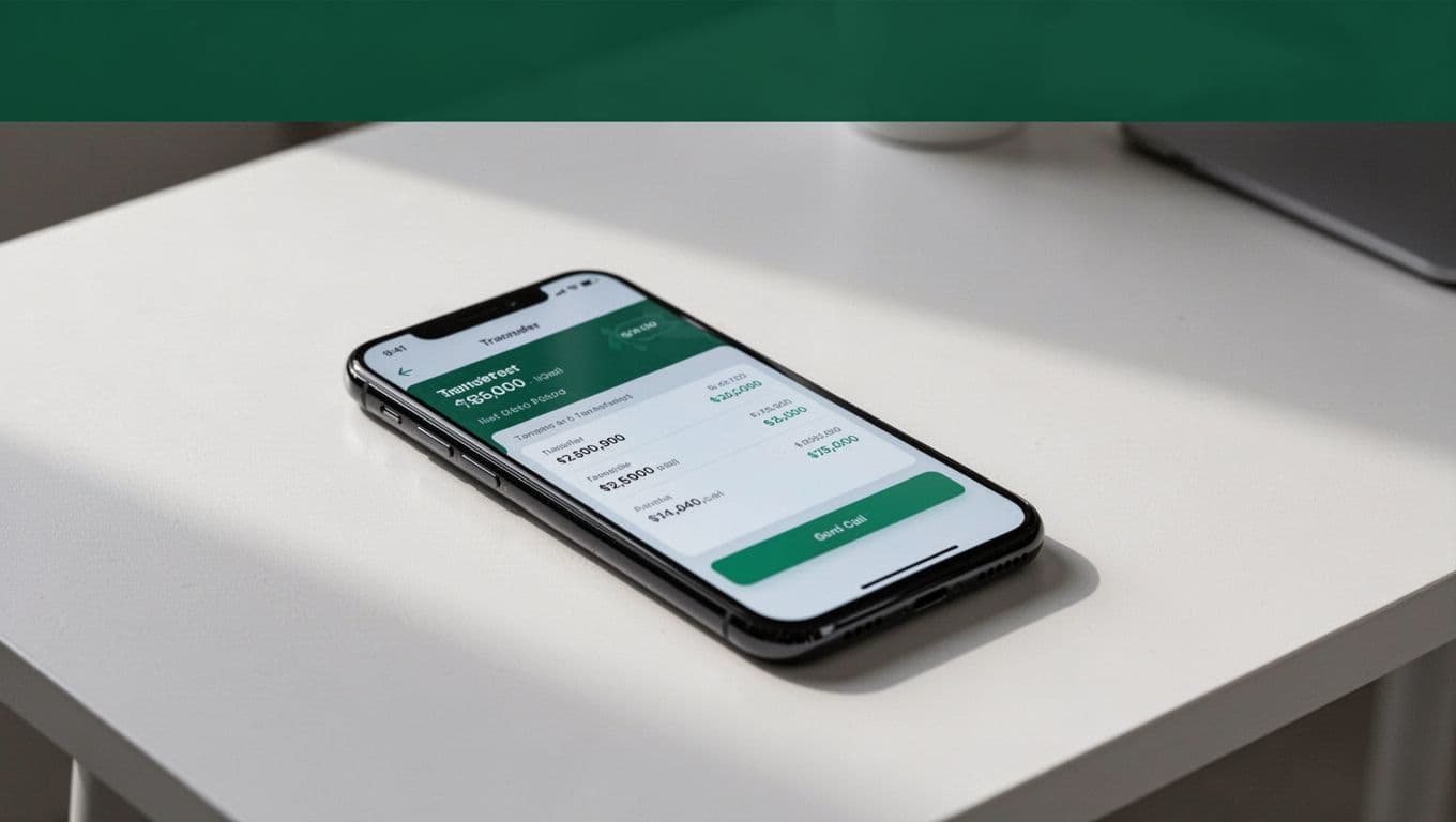 A smartphone displays transfer settings on a clean desk beneath a Remitly Transfer banner.