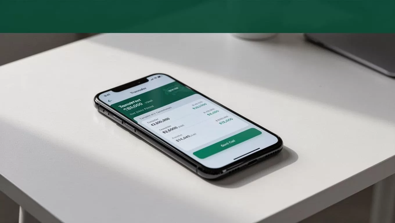 A smartphone displays transfer settings on a clean desk beneath a Remitly Transfer banner.