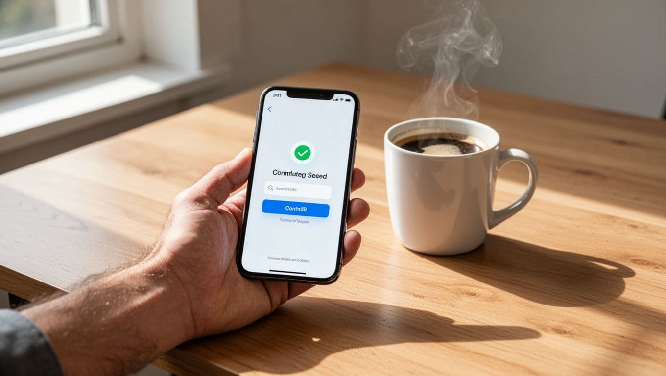 A smartphone showing a remittance confirmation sits beside coffee on a wooden desk.
