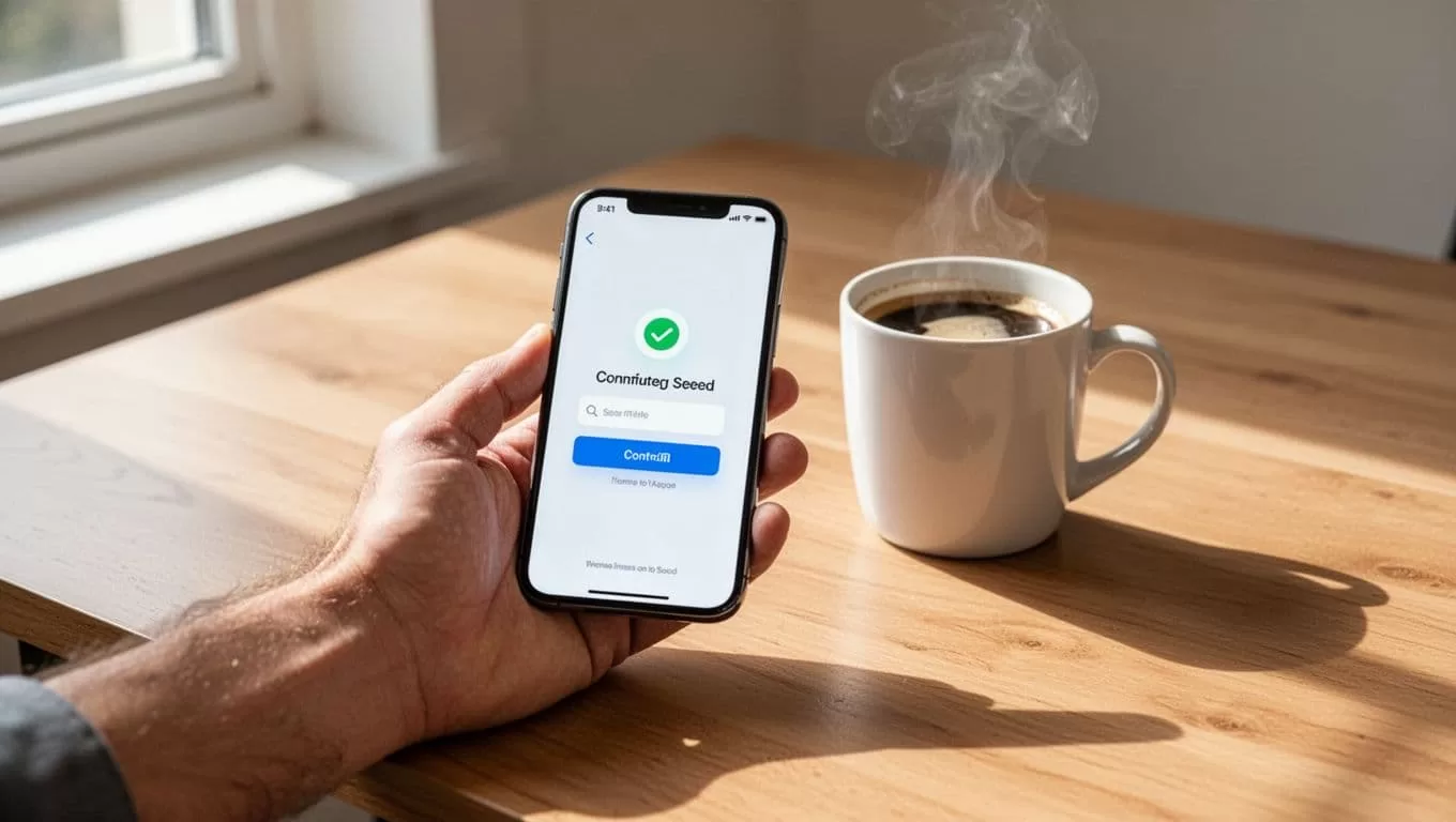 A smartphone showing a remittance confirmation sits beside coffee on a wooden desk.