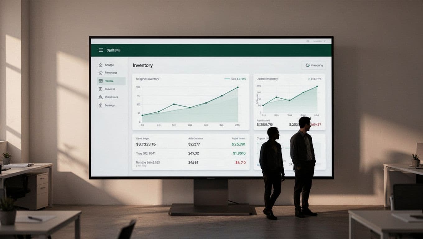 A software dashboard shows inventory charts beneath a dark green COST TRACKING banner.