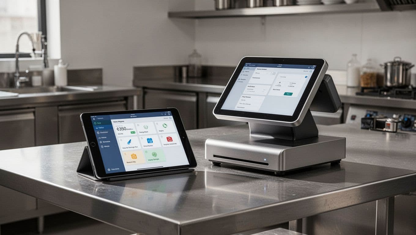 Tablet and POS terminal on a stainless steel counter beneath a green banner.