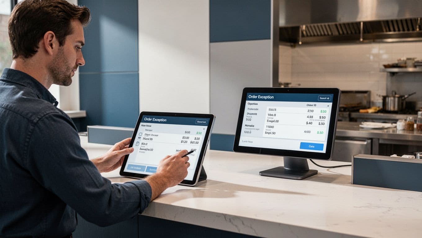 Tablet, kitchen display, and manager show a restaurant order workflow.