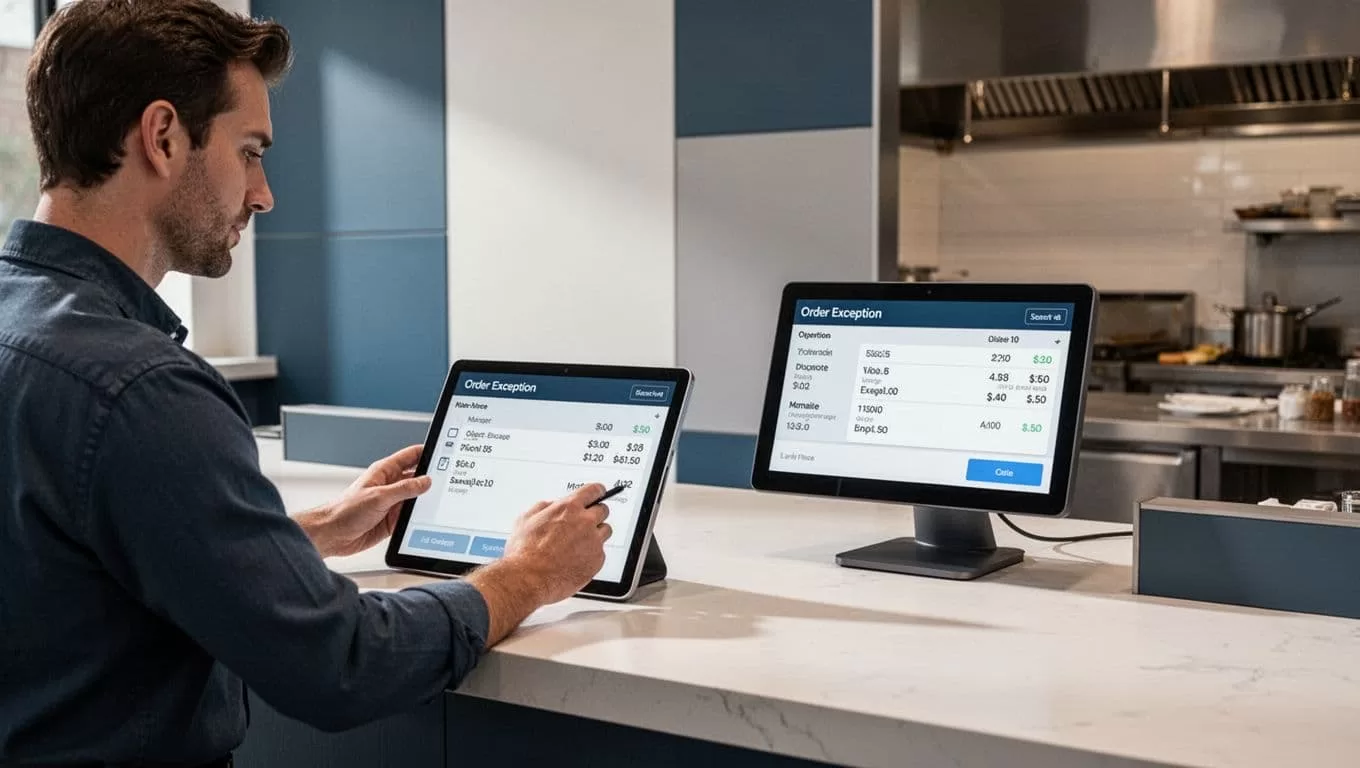 Tablet, kitchen display, and manager show a restaurant order workflow.