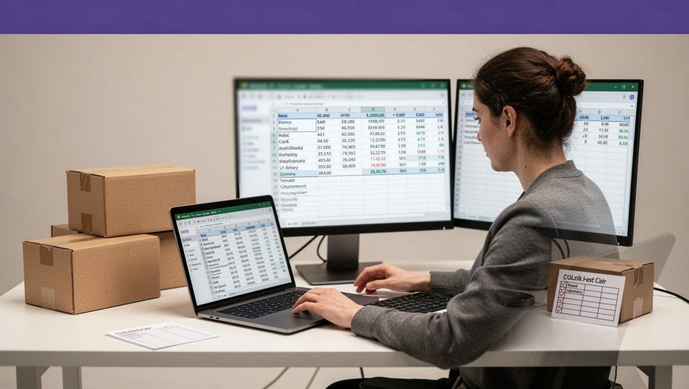 An operator organizes retail product data from two screens into a spreadsheet.