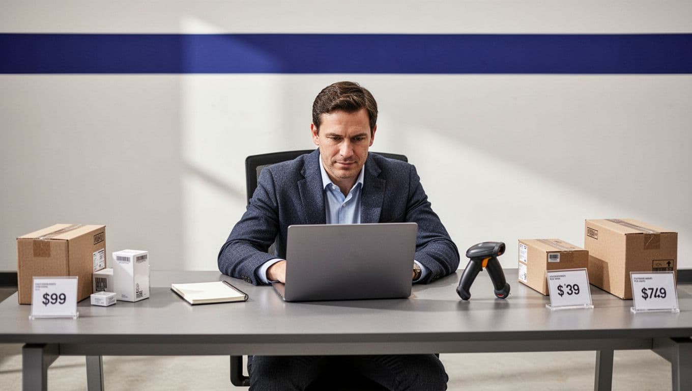 A retail worker reviews sale data beside a notebook, scanner, boxes, and price tags.