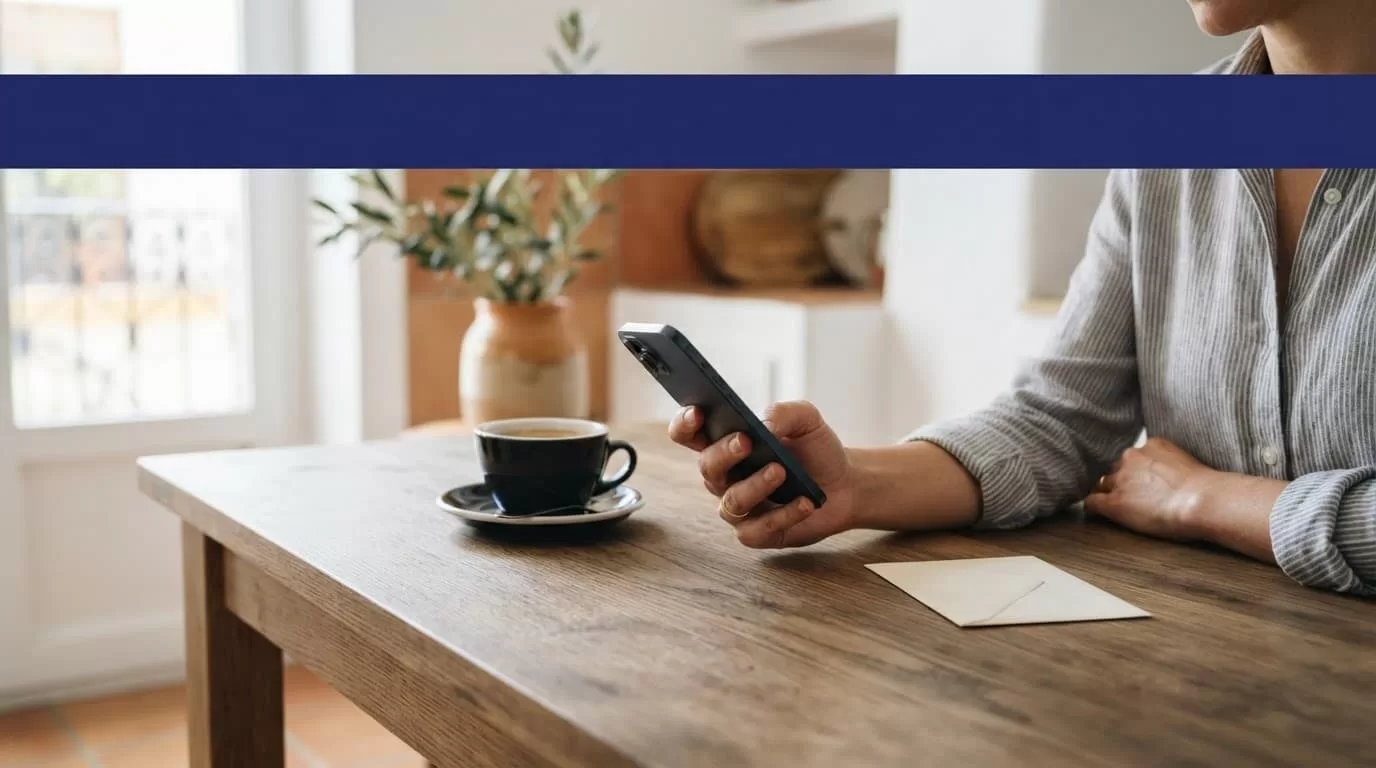 A person reviews a transfer quote on a phone at a kitchen table.