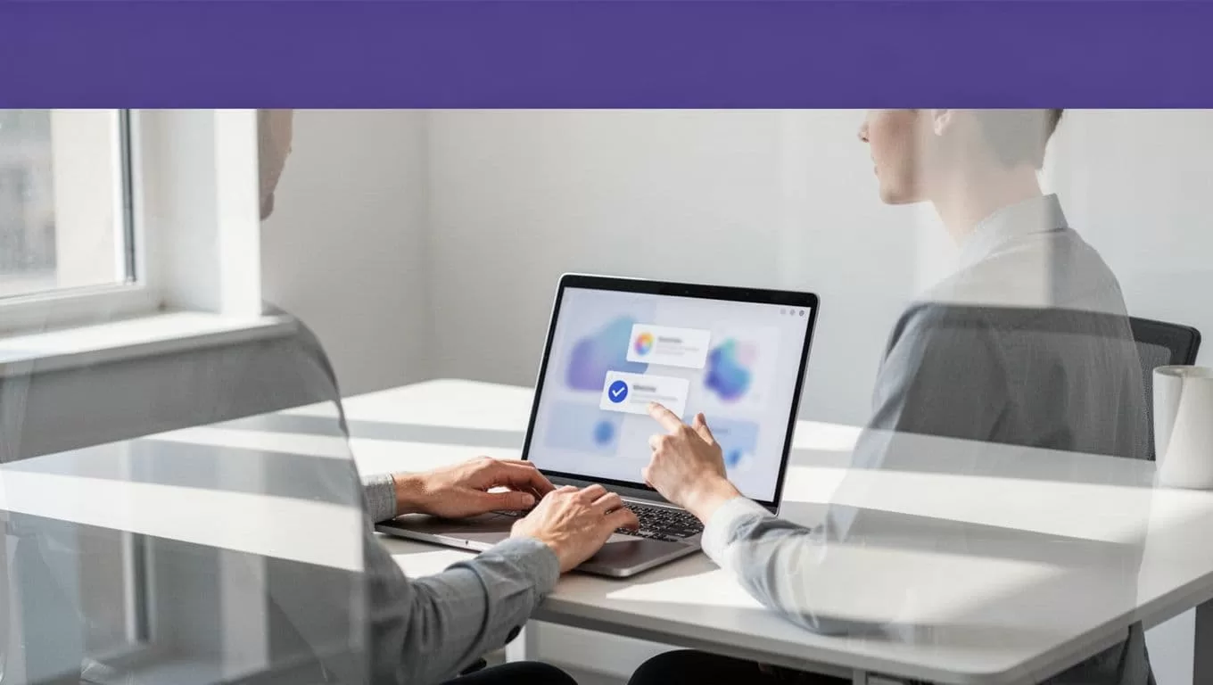 A business operator reviews abstract customer feedback cards on a laptop at a modern desk.