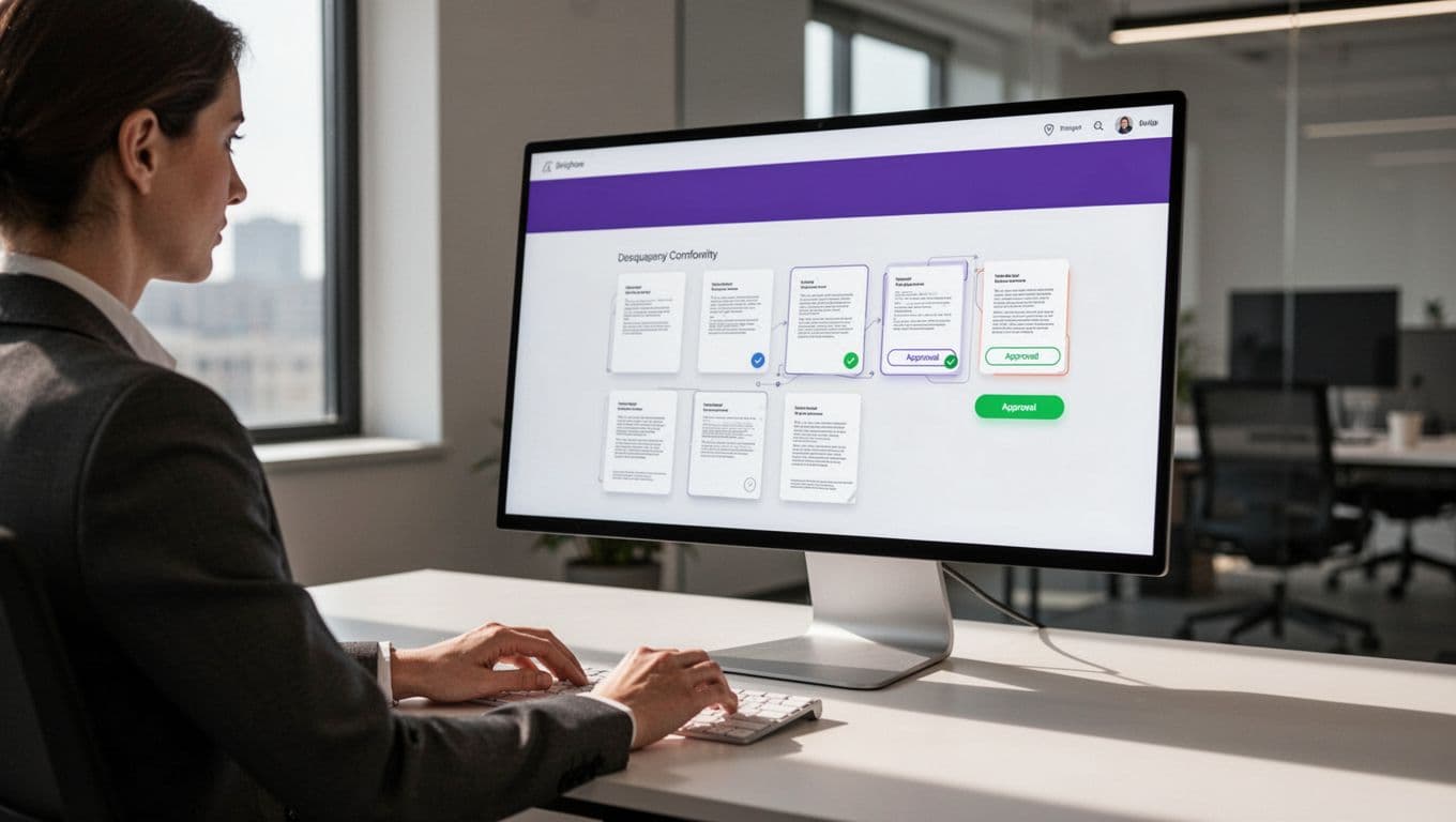 An enterprise screen showing document review queues and approval buttons below an indigo header.