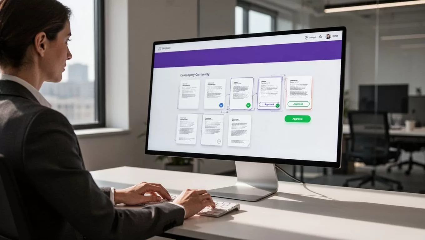 An enterprise screen showing document review queues and approval buttons below an indigo header.