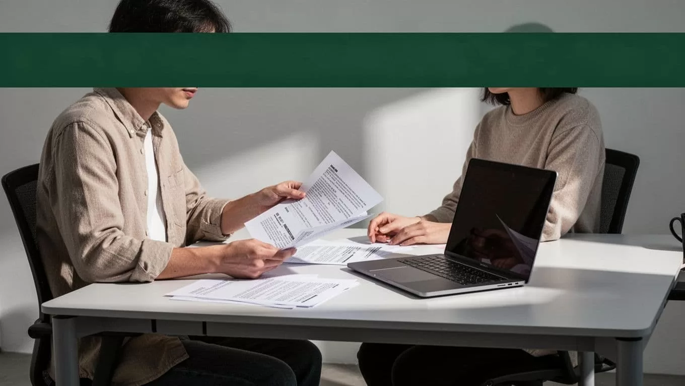 One reviewer works beside structured documents and a laptop at a minimalist desk.