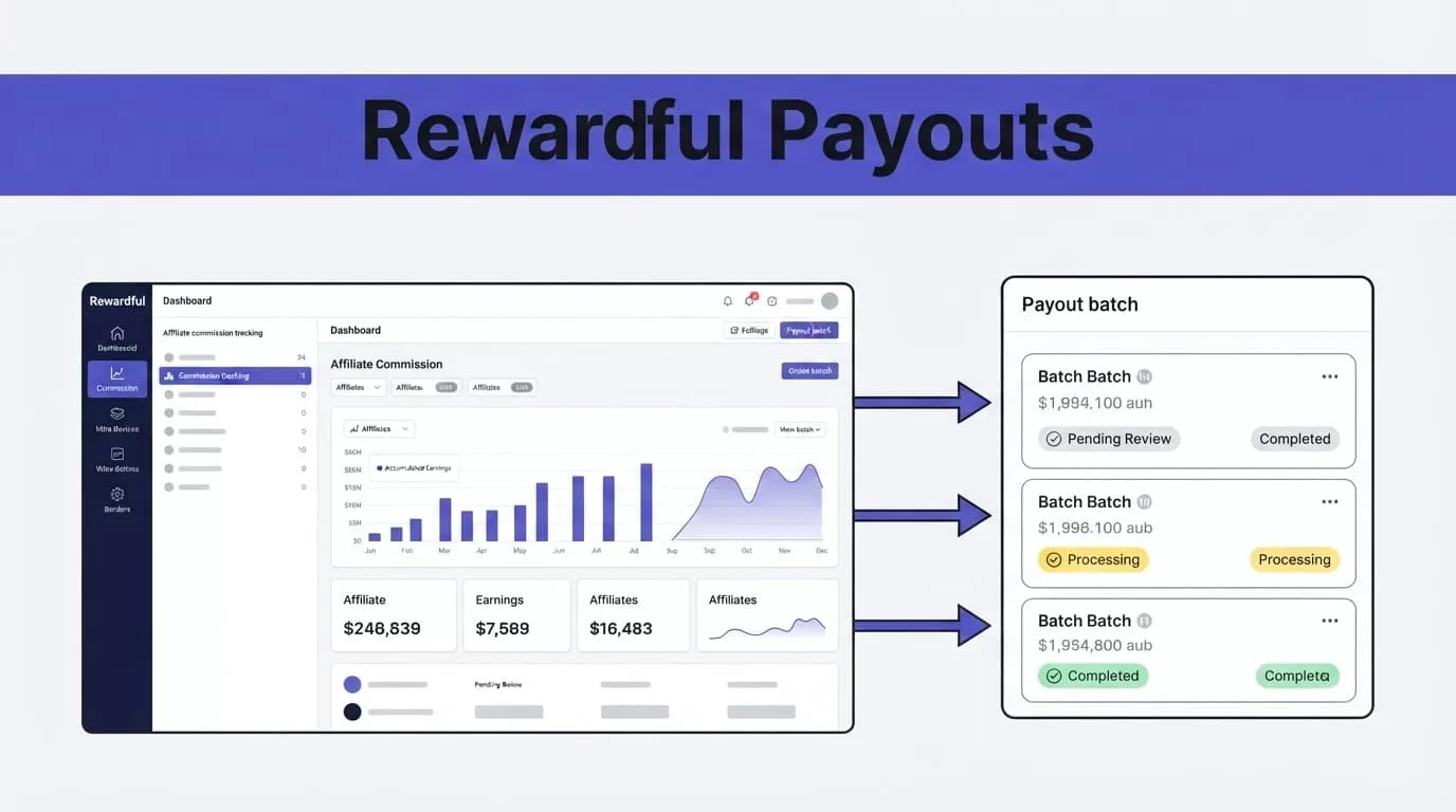 Dashboard showing affiliate commissions moving into an external payout batch.