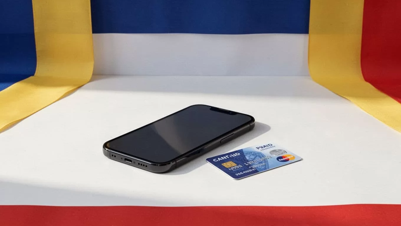 Smartphone beside a Romanian bank card under a colorful transfer banner.
