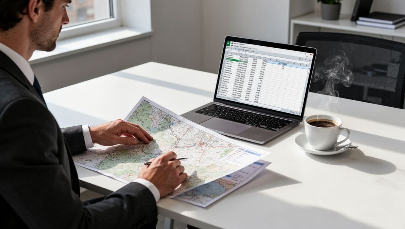 A person works at a desk with a laptop, route map, and coffee.