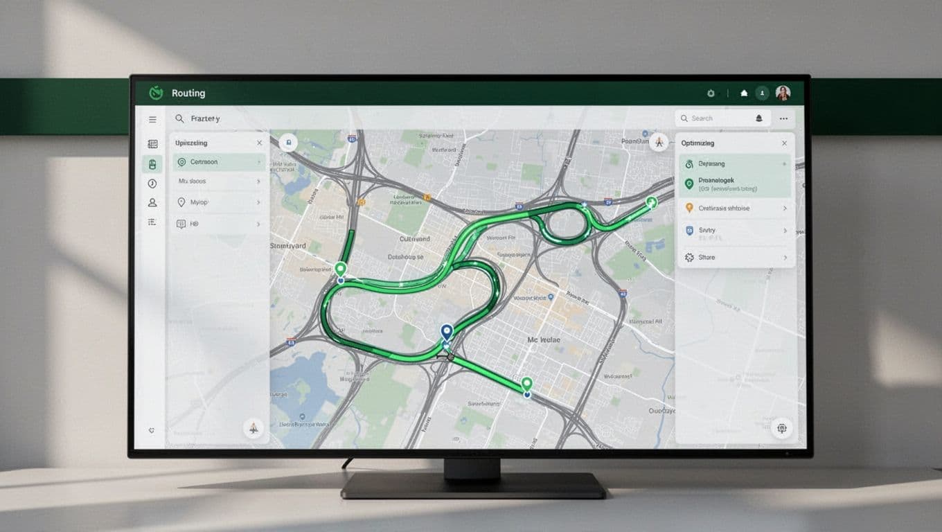 A screen showing a route planning map with a dark green header.